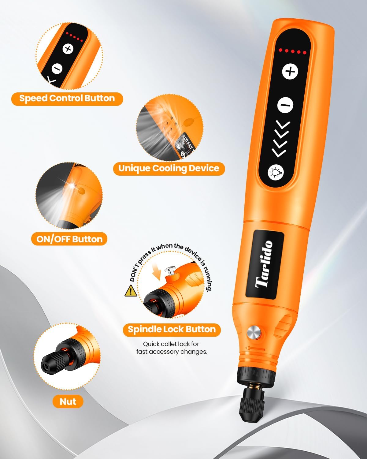 Cordless Rotary Tool Kit, 3.7V 2.0Ah Rechargeable Battery, 18000RPM 5-Speed Multi Power Carving Tools, 31Pcs Accessories, Engraving, Sanding, Grinding, Polishing, Carving, Etching, DIY-Orange - Image 3