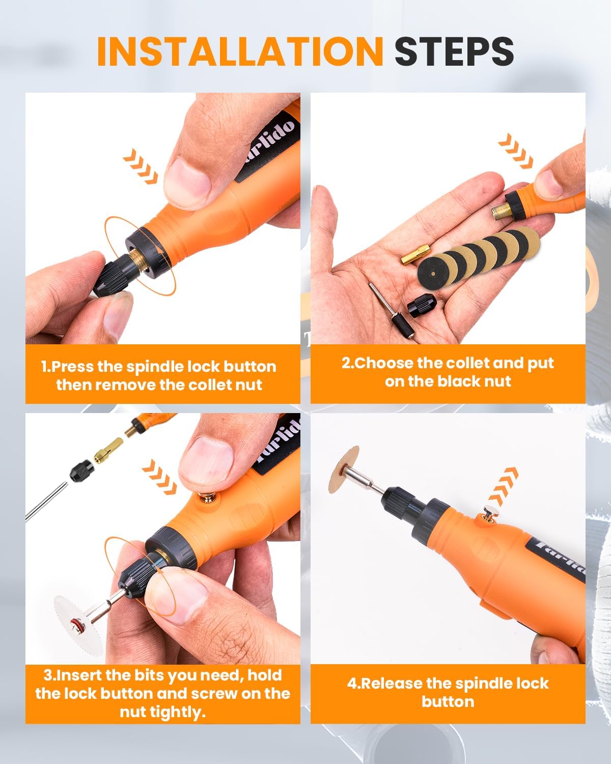 Cordless Rotary Tool Kit, 3.7V 2.0Ah Rechargeable Battery, 18000RPM 5-Speed Multi Power Carving Tools, 31Pcs Accessories, Engraving, Sanding, Grinding, Polishing, Carving, Etching, DIY-Orange - Image 6