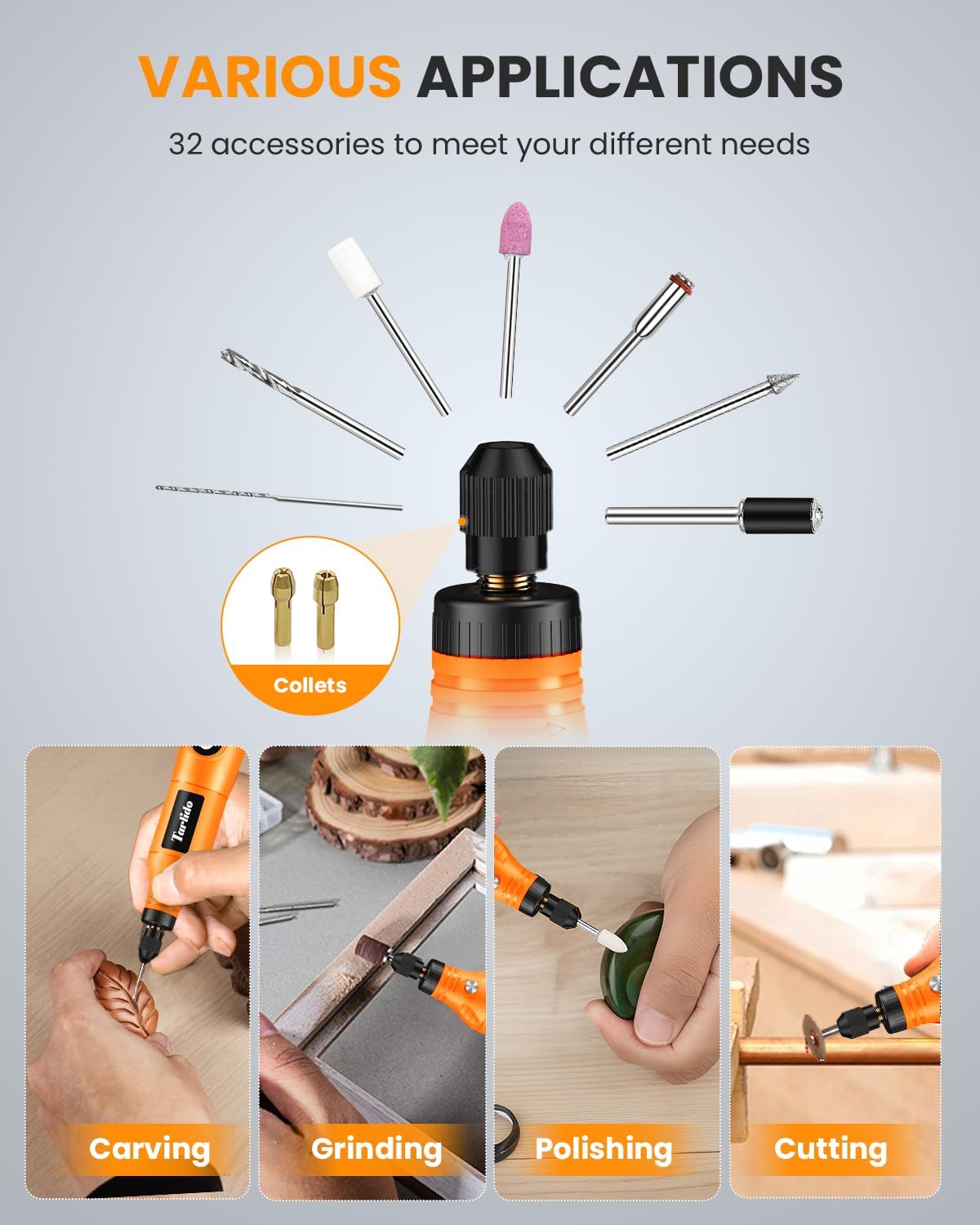Cordless Rotary Tool Kit, 3.7V 2.0Ah Rechargeable Battery, 18000RPM 5-Speed Multi Power Carving Tools, 31Pcs Accessories, Engraving, Sanding, Grinding, Polishing, Carving, Etching, DIY-Orange - Image 7